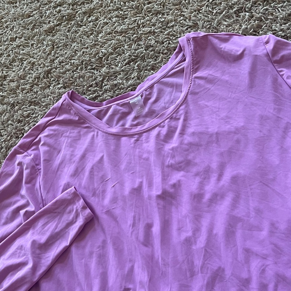 Vively Purple Long Sleeve Activewear Top Plus Size 2X Curved Hem Crew Neck
